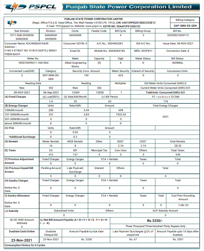 INDIA PSPCL utility bill Word and PDF template